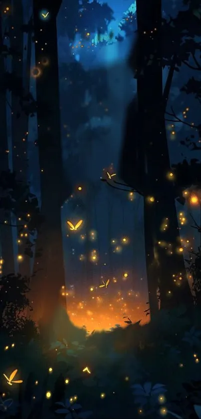 Dark forest with glowing fireflies and mystical ambiance.