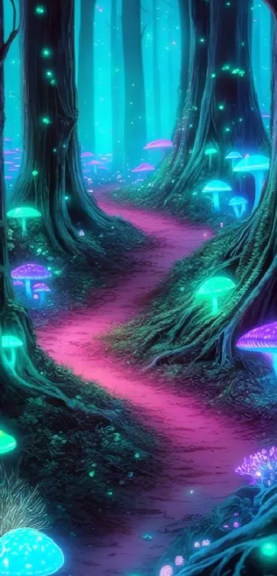 Neon forest path illuminated by glowing mushrooms.