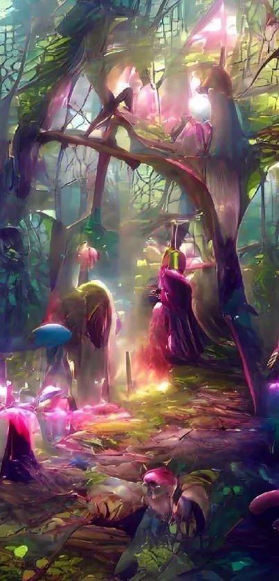 Enchanted forest with glowing neon lights and mushrooms, creating a magical scene.