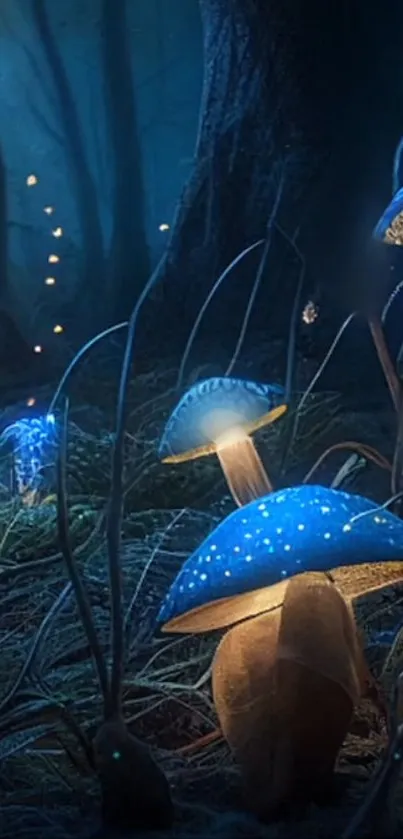 Glowing blue mushrooms in a dark, enchanted forest scene.