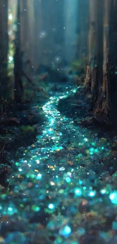 Mystical forest with a glowing path, ideal for fantasy lovers.