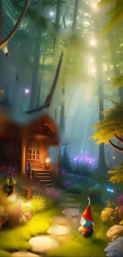 A whimsical forest with a gnome and magical light rays.