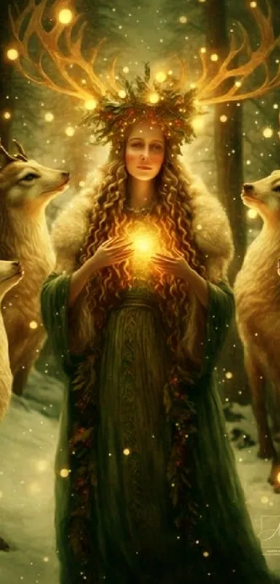 Mystical goddess with light orb in forest.