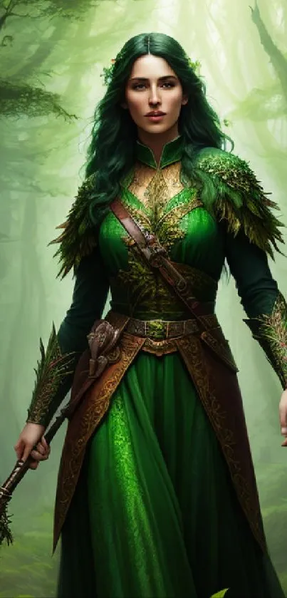 Fantasy warrior in green amidst enchanted forest.