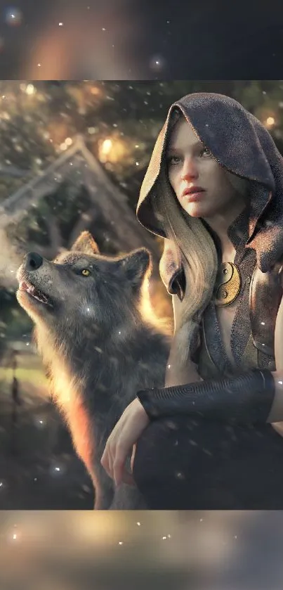 Mystical woman and wolf in enchanted forest scene.