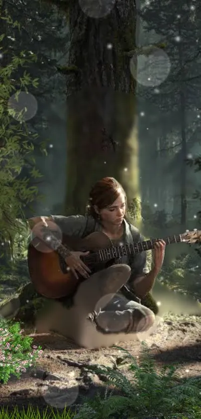 Person playing guitar in a tranquil forest setting.