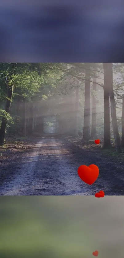 Serene forest path with red heart symbols on mobile wallpaper.