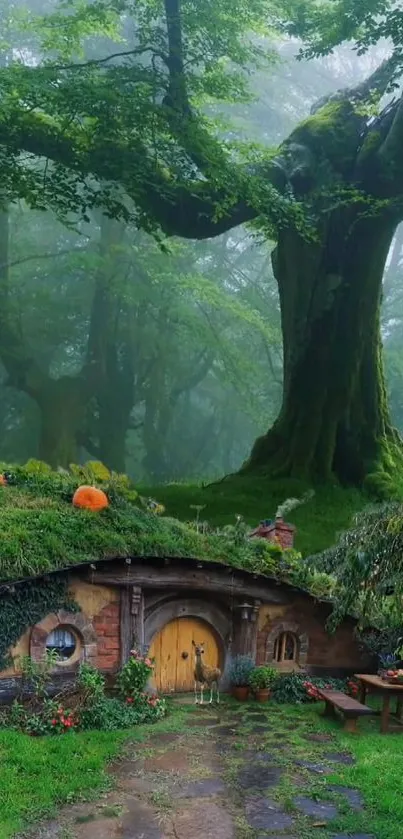 A mystical hobbit house set in an enchanted, lush green forest with ancient trees.