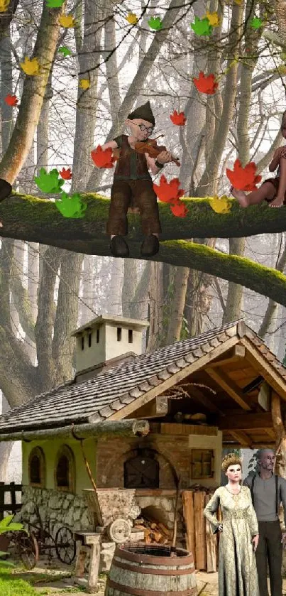 Enchanted forest with characters and a cottage under a large mystical tree.