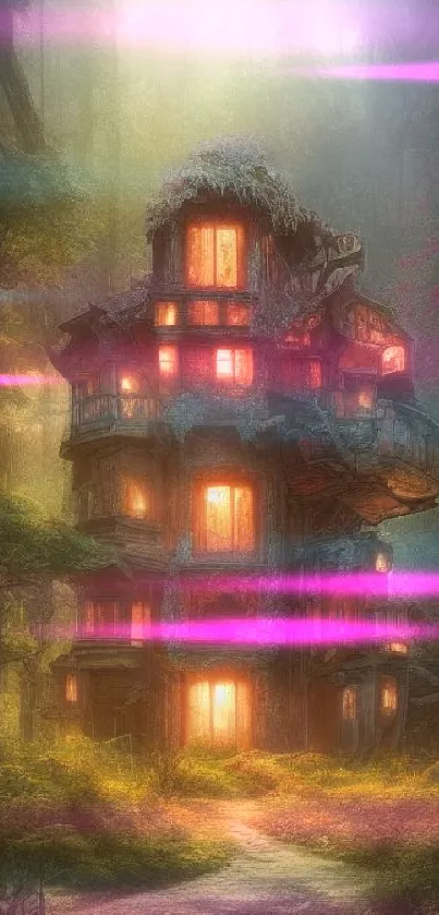 Mystical house glowing warmly in an enchanted forest setting.