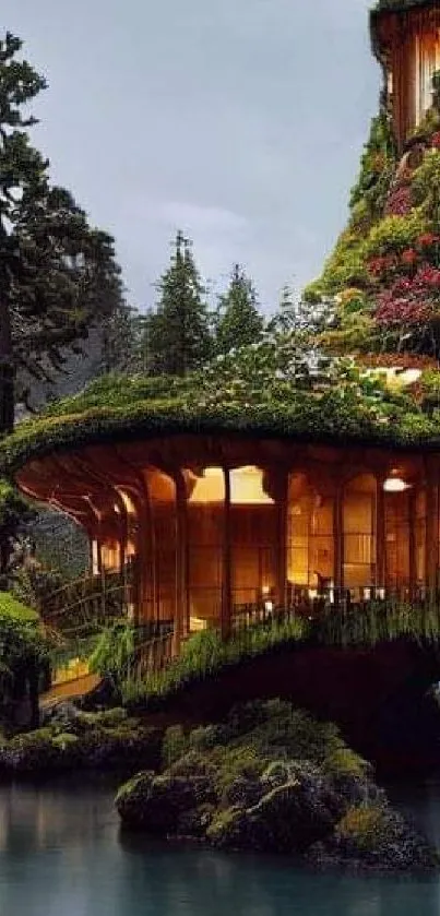 Magical forest house by tranquil water, lush greenery all around.