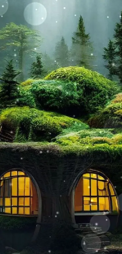 Enchanted forest house with vibrant greenery and mystical ambiance.