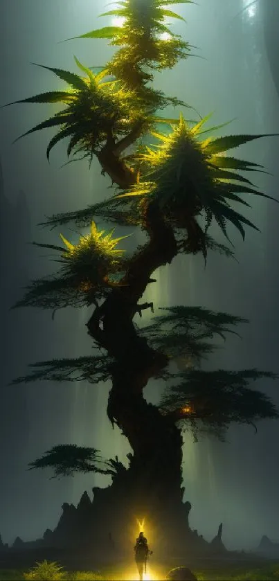 Magical glowing tree in an enchanted forest setting, perfect as a serene mobile wallpaper.