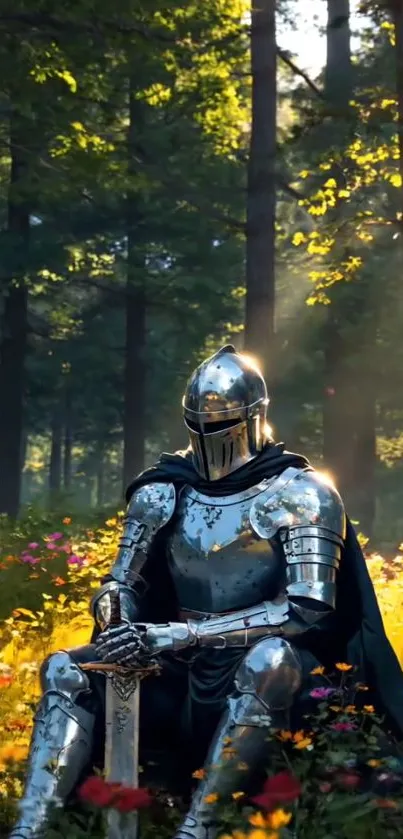 Knight in glowing armor resting in an enchanted forest with sunlit trees.