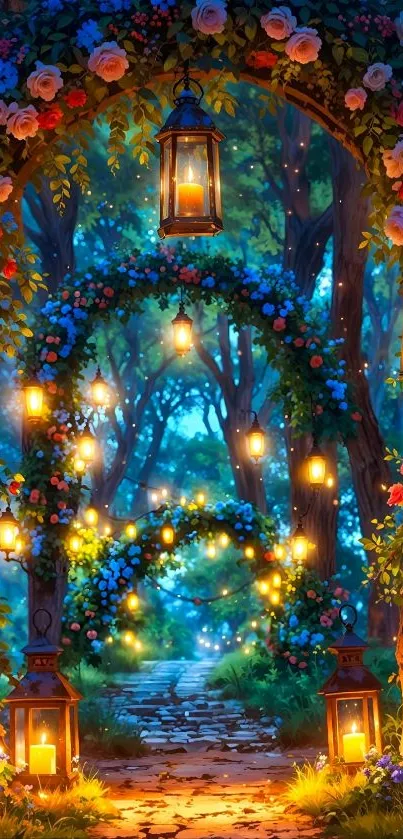 Magical forest path lit by lanterns and surrounded by flower arches.