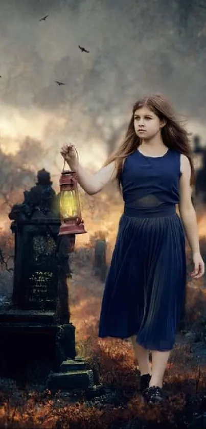 Girl in blue dress with lantern in a misty forest.