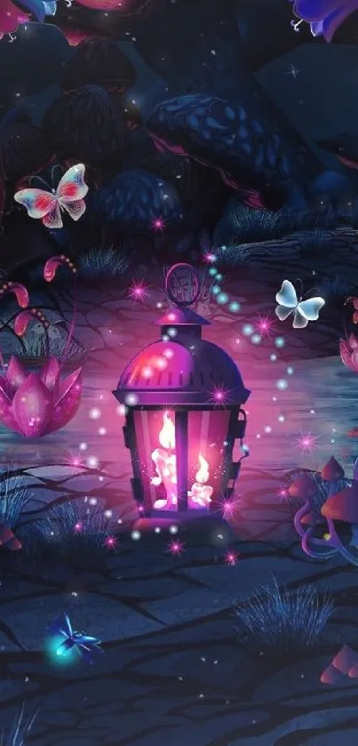 Enchanted forest scene with a glowing lantern and butterflies.