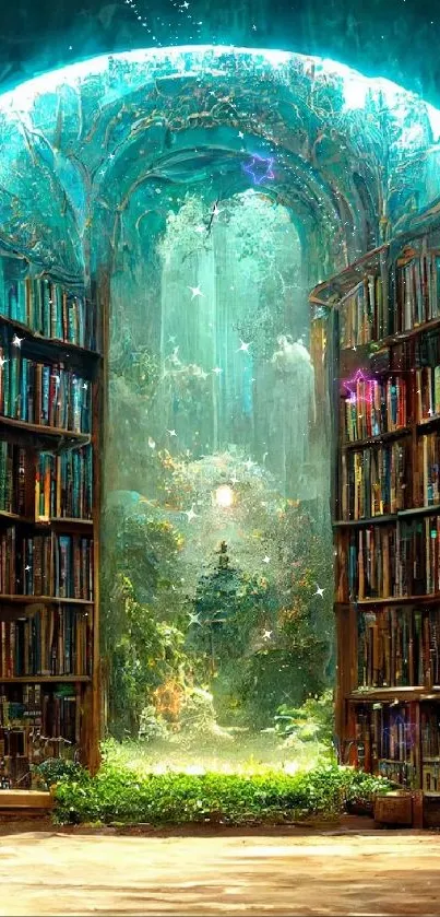 Magical forest library with books and green scenery.