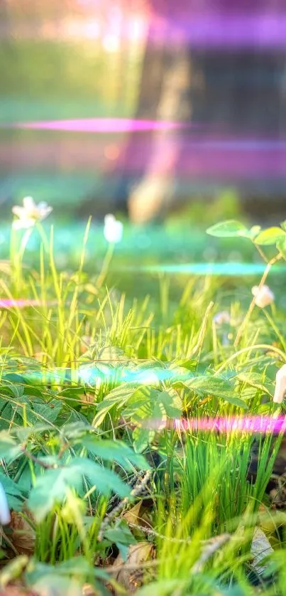 Enchanting forest floor with sunlight and flowers, perfect for a serene wallpaper.