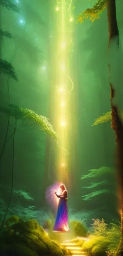 Mystical forest with a glowing light beam illuminating a serene figure