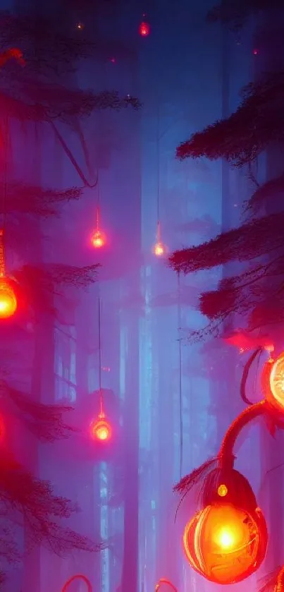 Mystical forest wallpaper with glowing orange lights and deep blue background.