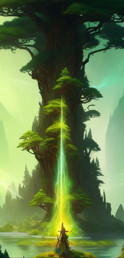 Fantasy wallpaper of a glowing, magical tree in an enchanted forest.