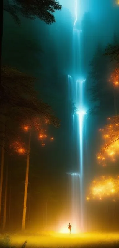 Mystical forest with glowing lights and lightning cascading down in blue hues.