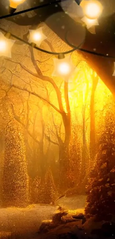 Golden enchanted forest with glowing star lights.