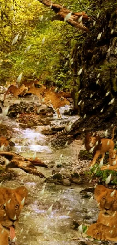 Lion cubs play in a vibrant enchanted forest scene.