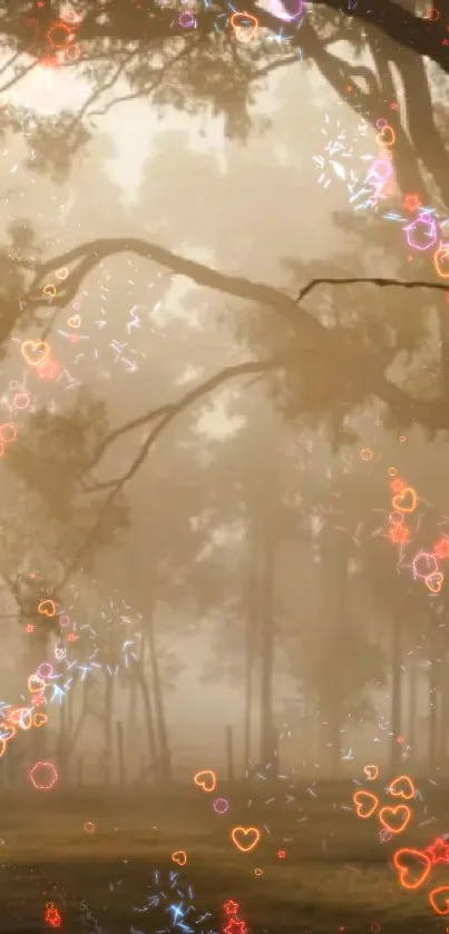 Misty forest with glowing heart motifs creating a serene, romantic mobile wallpaper.