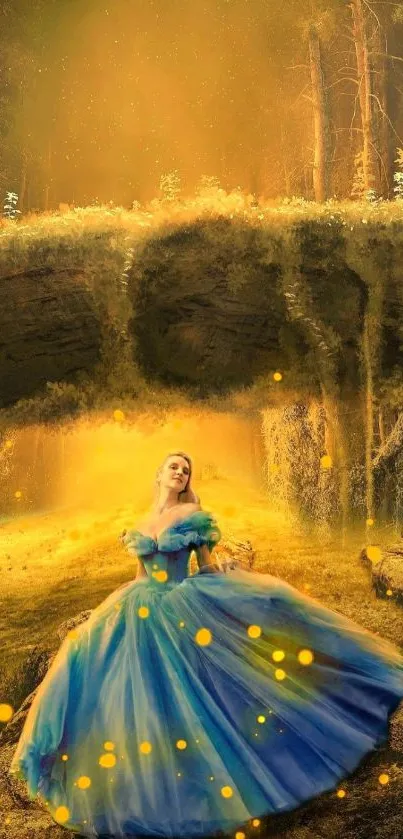 Woman in blue gown standing in enchanted forest with golden glow.