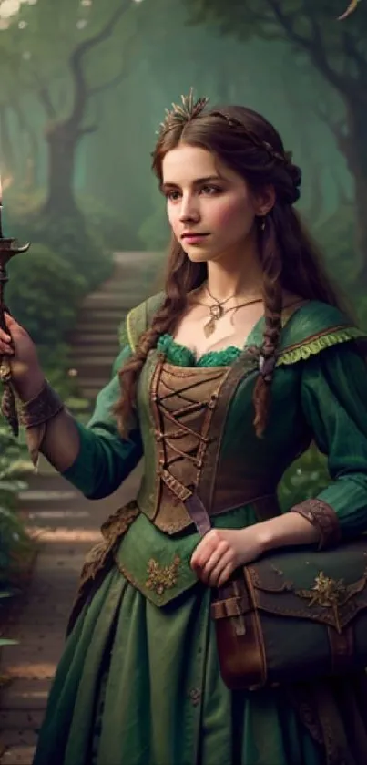 Maiden in green dress holding a candle in an enchanting forest.