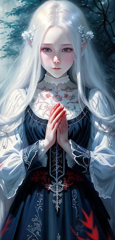 Ethereal maiden in dark forest for mobile wallpaper.