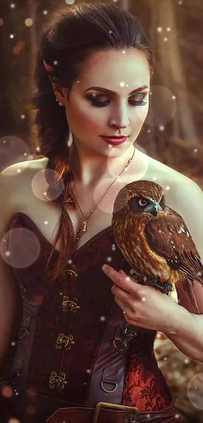 Enchanted forest with maiden and bird, warm earthy tones.