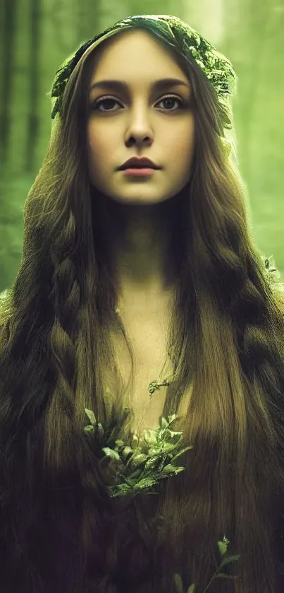 A mystical forest maiden with long flowing hair surrounded by lush greenery.