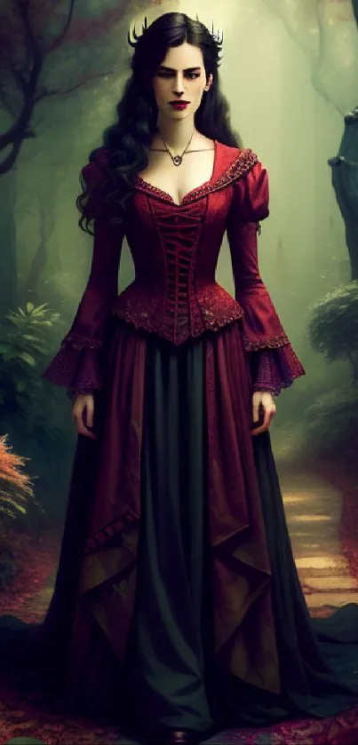 Enchanting forest scene with a red-dressed maiden.