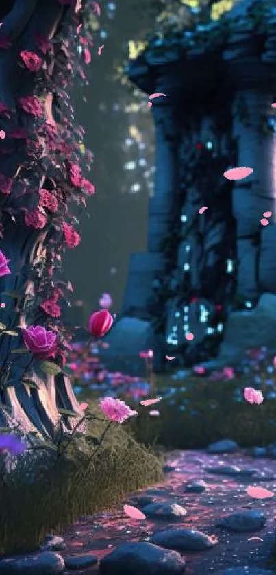 Enchanted forest with pink flowers and a mystical pathway.