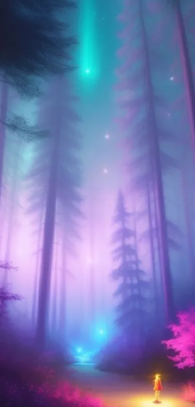 Enchanted forest at night with glowing purple and blue hues.