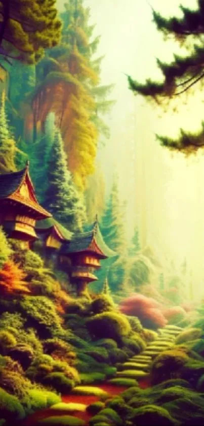 Serene forest with pagodas and lush foliage in a tranquil mobile wallpaper.