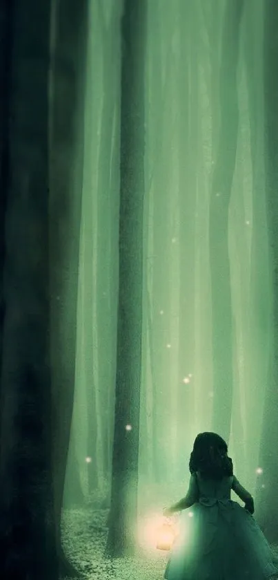 Mystical forest scene with a girl holding a lantern, surrounded by tall trees.