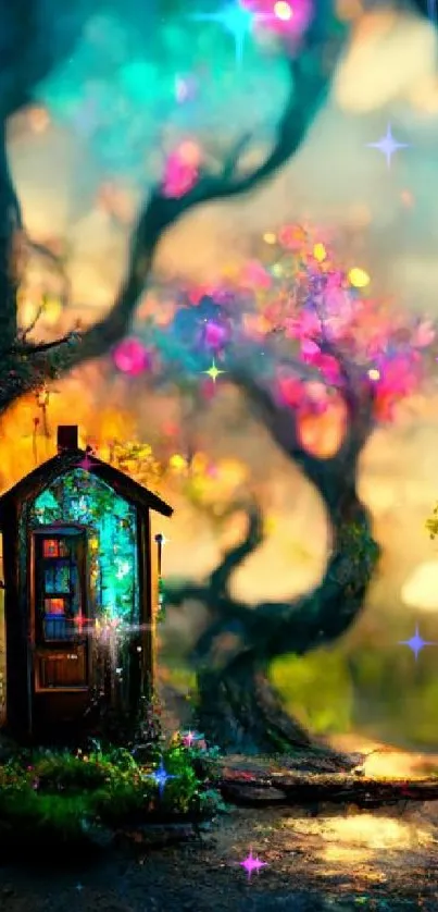 Enchanted forest wallpaper with glowing trees and mysterious door.