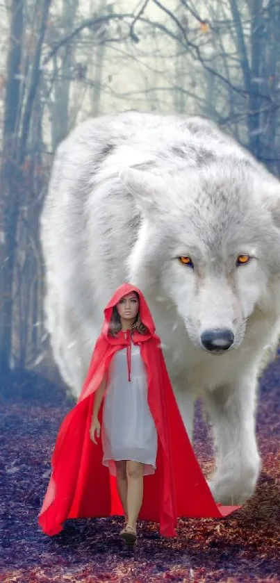 Woman in red cloak walks with a white wolf in a dreamy forest setting.