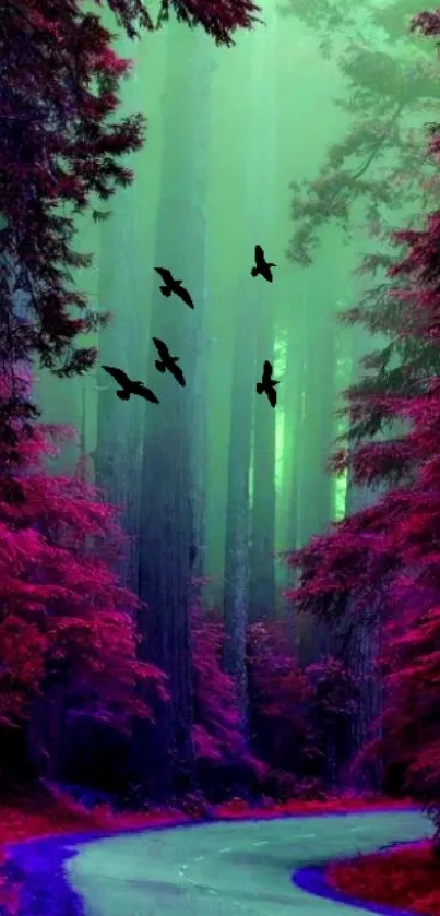 Magenta forest scene with birds flying above a path.