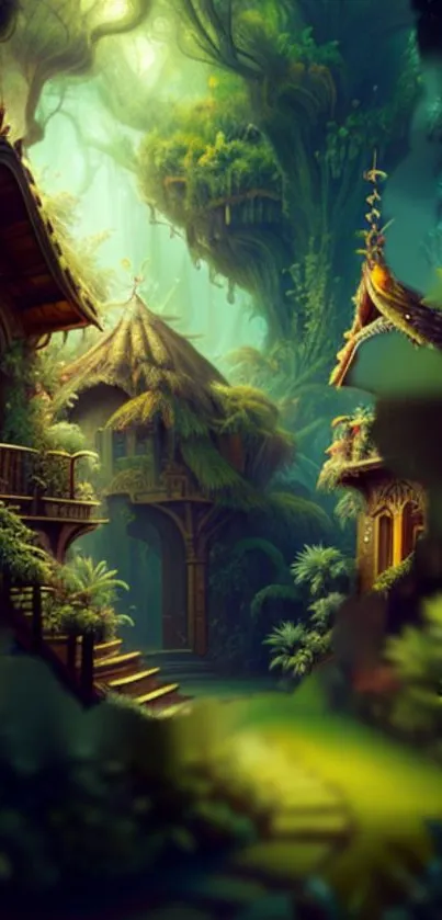 Enchanted forest scene with treehouses and lush greenery in a whimsical setting.