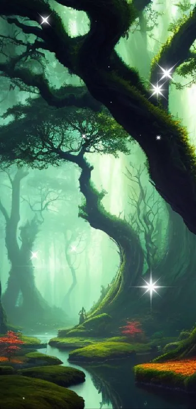 Enchanted forest wallpaper with mystical trees and vibrant green hues.