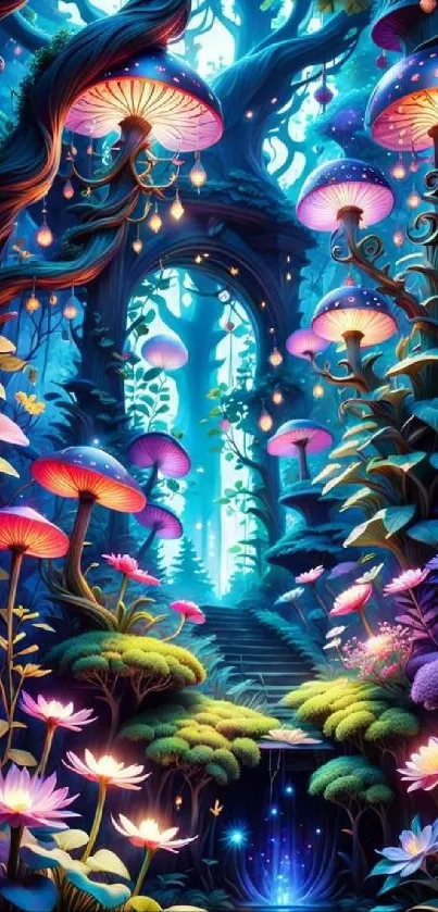 Magical forest with glowing mushrooms and vibrant flowers wallpaper.