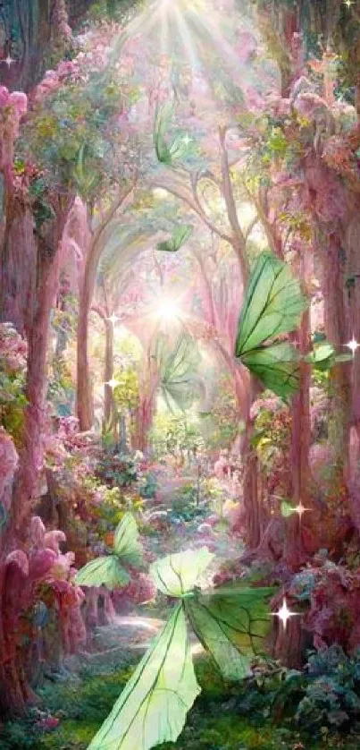 Magical forest with pink trees and green butterflies in sunlight.