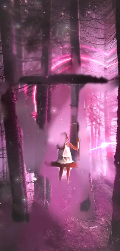 Girl on a swing in enchanted magenta forest.