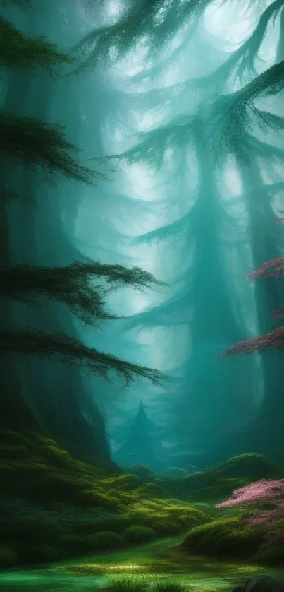 Enchanting forest with misty teal hues and lush greenery.