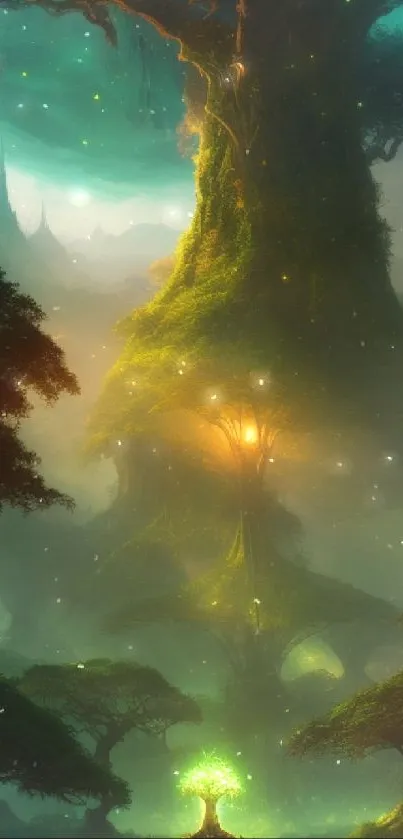 Enchanted forest with glowing trees on mobile wallpaper, mystical atmosphere.